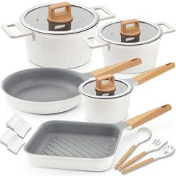 Cookware Set Non-Stick Scratch Resistant 100% PFOA Free Induction Aluminum Pots and Pans Set with Cooking Utensil Pack -15 - Grey&White