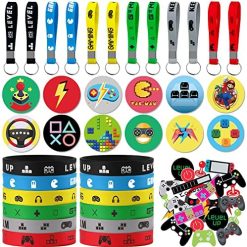 86Pcs Video Game Party Favors -12Pcs Bracelets 12Pcs Button Pins 12Pcs Key Chain 5 Sheet Stickers (25Pcs) 1Sheet Temporary Tattoos (25Pcs) Gifts for Kids Birthday Party Supplies for Kids Game Fans
