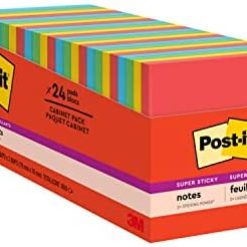 Post-it Super Sticky Notes, 3x3 in, 24 Pads, 2X the Sticking Power, Primary Colors (Red, Yellow, Green, Blue), Recyclable (654-24SSAN-CP)