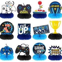 Set of 12 Video Game Honeycomb Centerpieces Table Toppers Blue Video Game Theme Cutouts Video Game Party Decorations for Happy Birthday Baby Shower Theme Party Decor Supplies