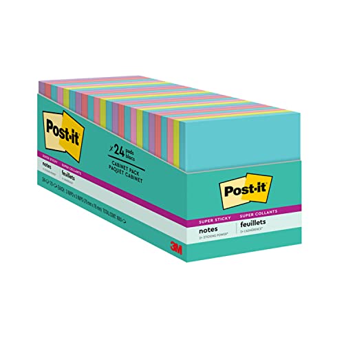 Post-it Super Sticky Notes, 3x3 in, 24 Pads, 2x the Sticking Power, Supernova Neons, Bright Colors, Recyclable(654-24SSMIA-CP)