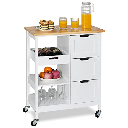 YITAHOME Kitchen Island Cart with Storage, Kitchen Cart for Home, Rolling Serving Utility Trolley Cart On Wheel with 3 Drawers and 3 Storage Shelves, Kitchen Serving Cart for Dining Room, Bar, White