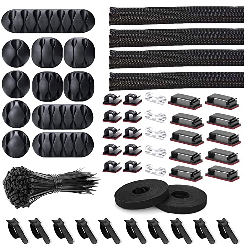 152 pcs Cord Management Organizer Kit 4 Cable Sleeve Split with 41Self Adhesive Cable Clips Holder, 10pcs and 2 Roll Self Adhesive tie and 100 Fastening Cable Ties for TV Office Home Electronics etc