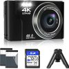 Digital Camera,VJIANGER 4K 48MP Mini Camera for Photography 2.8" Vlogging Camera for YouTube Compact Portable Video Camera with Manualfocus, 16X Digital Zoom, 2 Batteries, 32GB SD Card, Tripod(Black)