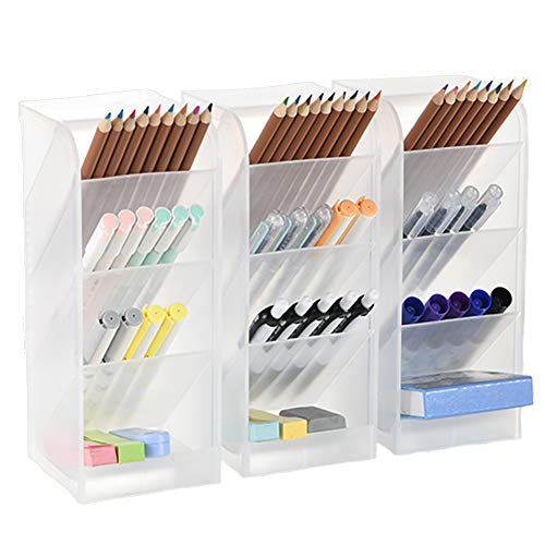 3 Pcs Big Desk Organizer- Pen Organizer Storage for Office, School, Home Supplies, Translucent White Pen Storage Holder, High Capacity, Set of 3, 12 Compartments (White Big Pen Holder)