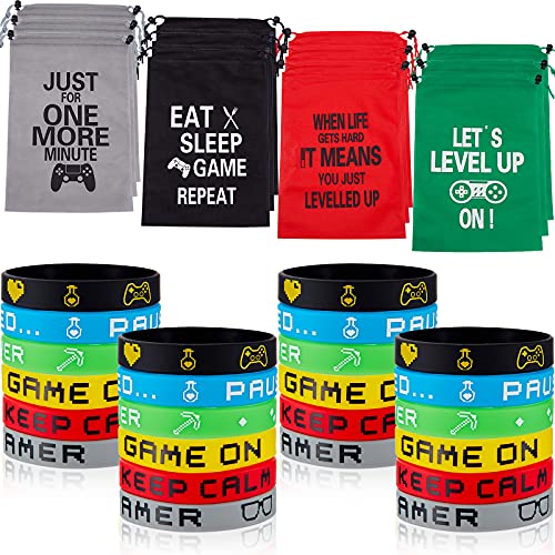 48 Pieces Video Game Party Favors 24 Pieces Gaming Party Bags with Drawstring and 24 Pieces Gamer Bracelets Wristbands Decorations Set for Boys Girls Birthday Game Themed Party Supplies