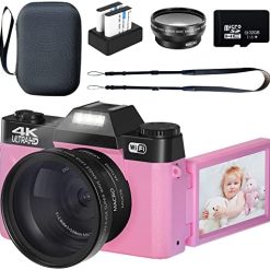 Digital Camera 4K Camcorder 48MP Photography VETEK Camera for YouTube with WiFi, 3.0" IPS 180°Flip Screen, Wide Angle Lens, Macro Lens, 16X Digital Zoom, 32GB SD Card, 2 Batteries(Pink)