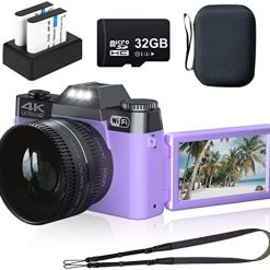 Digital Camera, VJIANGER 4K 48MP Vlogging Camera with Flip Screen, WiFi, Manualfocus, 16X Digital Zoom, 52mm Wide Angle & Macro Lens, 2 Batteries, 32GB TF Card, Camera Strap & Bag(Purple)