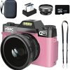 Digital Camera, WIKICO 4K Vlogging Camera for YouTube with WiFi, Autofocus Camera for Photography with 3.0" IPS 180°Flip Screen, Wide Angle Lens, Macro Lens, 32GB SD Card, 2 Batteries（Pink）