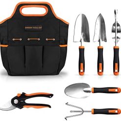 Garden Tool Set, ENGiNDOT 7 Pcs Stainless Steel Heavy Duty Gardening Kit, Gardening Tools with Water Proof and Never Mould Tote, Gardening Gifts for Men and Women - GGT4A
