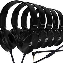 Premium Classroom Headphone & Mic Set by Sonitum- 3.5mm Jack Stereo Sound Earphones with Microphone & Soft Swivel On Ear Pads- Perfect for E-Learning, Meetings, Calls - Bulk Pack of 5 (Black)