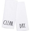 Rae Dunn Home Clean Dry Kitchen Dish Towels Set of 2 Embroidered Black on White Cotton