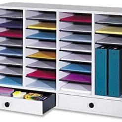 Safco Products Wood Adjustable Literature Organizer, 32 Compartment with Drawers, 9494GR, Grey, Durable Construction, Removable Shelves, Stackable