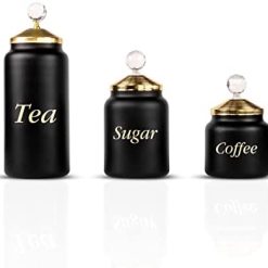 Set of 3 Glass Canisters with Diamond Lids, Tea Canister Capacity 40 oz, Sugar Canister 27 oz, Coffee Canister 15, Coffee, Sugar, Tea Canister for Kitchen Decor, High Quality Glass Creative Design, Modern Decorative Glass Kitchen Jars (Black)