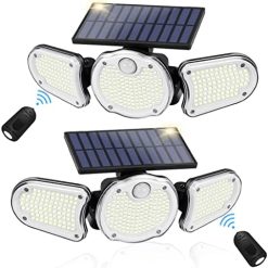Solar Outdoor Lights, 305LED Motion Sensor Outdoor Lights Solar Powered, Waterproof Flood Lights Outdoor with Remote Control, 3Head LED Detector Spot Lights, Outside Security Luces Solares-2PACK