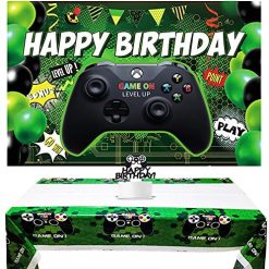 Video Game Backdrop and Tablecloth for Game On Theme Birthday Party Supplies, Gaming Photography Background Happy Birthday Banner with Table Cover for Kids Party Wall Decorations