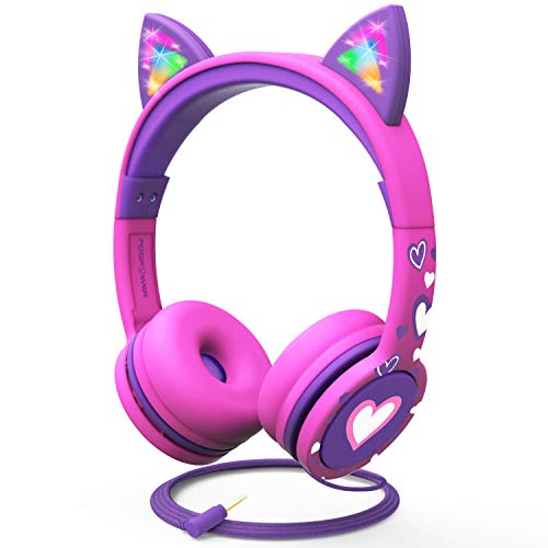FosPower Kids Headphones with LED Light Up Cat Ears 3.5mm On Ear Audio Headphones for Kids with Laced Tangle Free Cable (Max 85dB) - Hot Pink/Purple