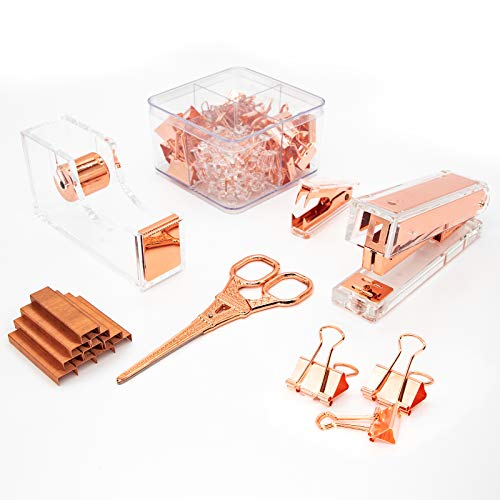Gutyble Rosegold Office Supplies Set,Package Contains Stapler,Tape Dispenser,Staple Remover,Scissors,Binder Clips,Paper Clips,Push Pins and 1000pcs Staples.Acrylic Office Desk Accessories Kits