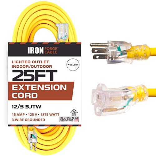 IRON FORGE CABLE 25 ft Lighted Outdoor Extension Cord - 12/3 SJTW Heavy Duty Yellow Extension Cable Extension Cable with 3 Prong Grounded Plug for Safety, 15AMP -Great for Garden and Major Appliances