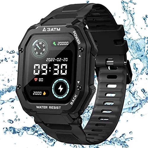 Military Smart Watches for Men Women, 1.69'' iOS Android Smart Watch for Android Phones and iPhone Compatible, 3ATM Fitness Watch Tracker - Blood Oxygen Blood Pressure, Heart Rate Monitor Watch Black