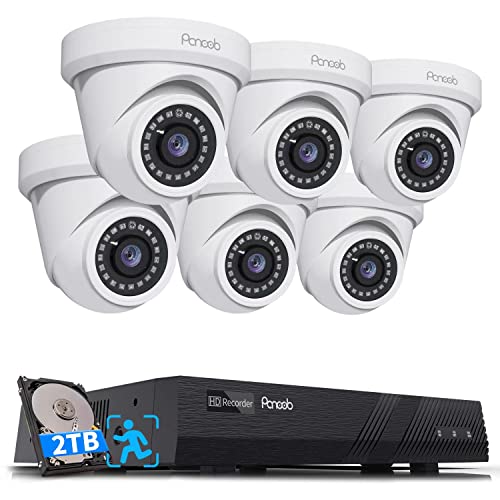 PANOOB 8CH 4K PoE Camera Security Systems, 4K/8MP 8-Channel NVR 2TB HDD, Smart Human Detection, (6) Wired 5MP 2.8mm 100° Wide Angle Outdoor/Indoor PoE IP Dome Cameras for 24/7 Video Audio Recording