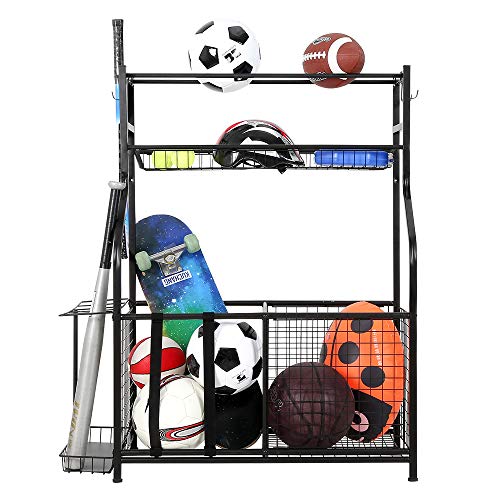 Snail Garage Storage System Sports Equipment Organizer with Baskets and Hooks, Sports Gear and Ball Storage Rack for Garages, Playgroup, Gym and Schools, Powder Coated Steel, Black