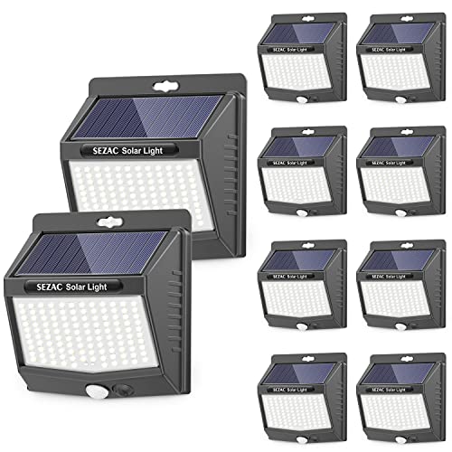 Solar Outdoor Lights [10 Pack/3 Lighting Modes] , SEZAC Solar Motion Sensor Security Lights Ultra-Bright, Wireless Wall Lights Solar Powered for Outside Patio Garden Backyard Fence Stairway (118LED)