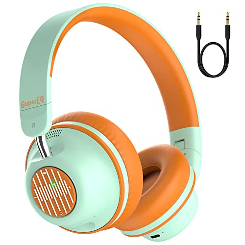 SuperEQ S2 Bluetooth Active Noise Cancelling Headphones, Wired and Wireless On-Ear Headset with CVC 8.0, Hi-Fi Stereo Deep Bass 25H Playtime for Kids Adults Travel Sports Office-Orange Green