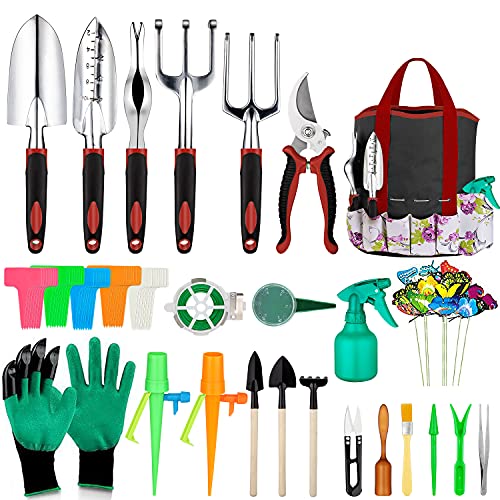 Tudoccy Garden Tools Set 83 Piece Succulent Tools Set Included, Heavy Duty Aluminum Gardening Tools for Gardening, Ergonomic Handle Tools, Durable Storage Tote Bag, Gifts Tools for Men Women (Red)
