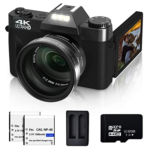 VJIANGER 4K Digital Camera 48MP Pixel Autofocus Vlogging Camera 3.0" IPS 30FPS Flip Screen 16X Digital Zoom Fixed Camera Lenses for Photography on YouTube with 32GB SD Card, 2 Batteries (Black)