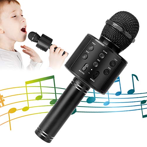 Wireless Bluetooth Karaoke Microphone for Kids, 5-in-1 Portable Handheld Karaoke Mic Speaker Player Recorder with Adjustable Remix FM Radio for Kids Girls Boys Teens Birthday (Black)