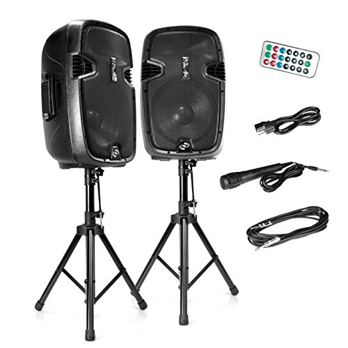 Wireless Portable PA Speaker System - 1800W High Powered Bluetooth Compatible Active + Passive Pair Outdoor Sound Speakers w/ USB SD MP3 AUX - 35mm Mount, 2 Stand, Microphone, Remote - Pyle PPHP1249KT