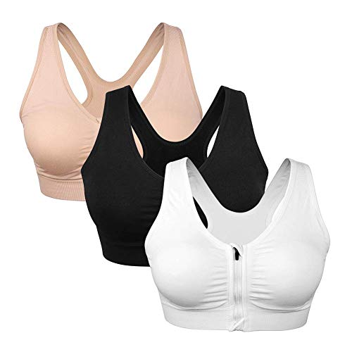 Women's Zip Front Sports Bra Wireless Post-Surgery Bra Active Yoga Sports Bras Mastectomy Bras for Women (Large, Black-Flesh-White)