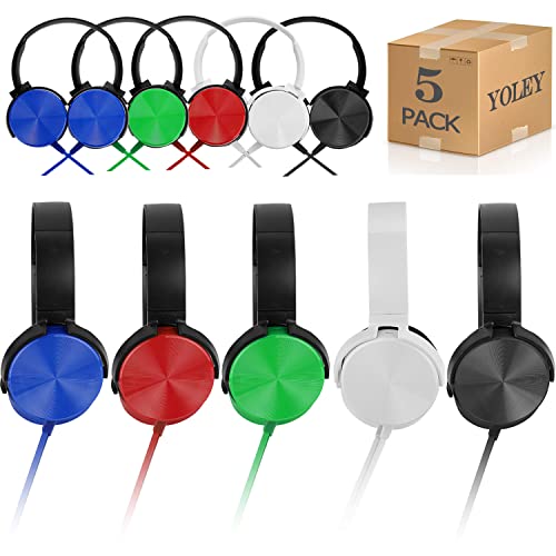 Yoley School Headphones 5 Pack Multi Color in Bulk for School Classroom Students Kids Children Boys Girls and Adult - BX450 Wired Headsets