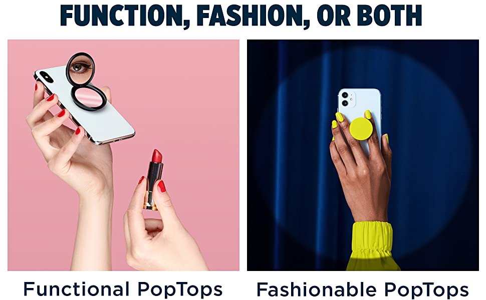 Image shows PopMirror and Neon Popsockets on the back of phones to show swappability. 