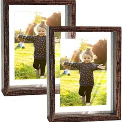 5x7 Picture Frame Rustic Brown Set of 2, Double Polished Glass Floating Photo Frames for Tabletop or Wall Hanging