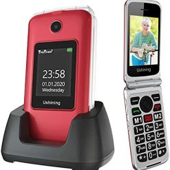 Ushining Senior Flip Phone Unlocked 3G SOS Big Button Unlocked T Mobile Flip Phone 2.8" LCD and Large Keypad Basic Cell Phone with Charging Cradle for Seniors & Kids(Red)