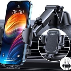 YRU Phone Mount for Car [Newly Upgraded Strong Suction Cup] [4 in 1 with a Cable Clip] Cell Phone Holder Dashboard Holder for iPhone, All Android Mobile Phone Stand for Windshield Vent Handsfree