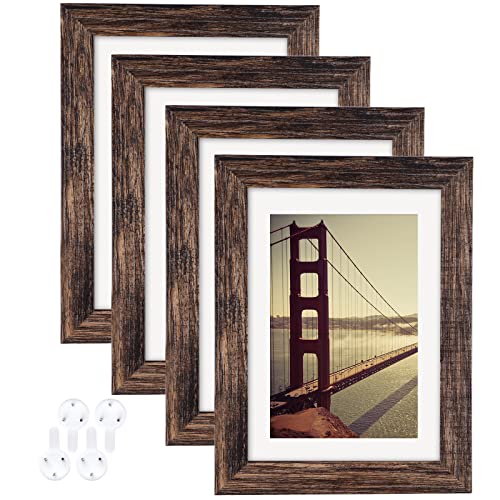 BAIJIALI 5x7 Picture Frame Rustic Brown Wood Pattern Set of 4 with Tempered Glass,Display Photos 4x6 with Mat or 5x7 Without Mat, Horizontal and Vertical Formats for Wall and Table Mounting