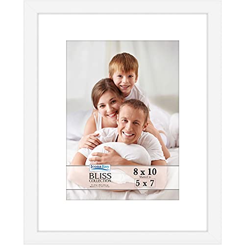 Icona Bay 8x10 White Picture Frame with Removable Mat for 5x7 Photo, Modern Style Wood Composite Frame, Table Top or Wall Mount, Bliss Collection
