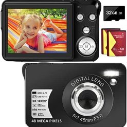 Digital Camera, Vologging Camera 48MP 2.7K with 16X Digital Zoom Compact Camera with 32 GB SD Card and 2 Batteries (Black)