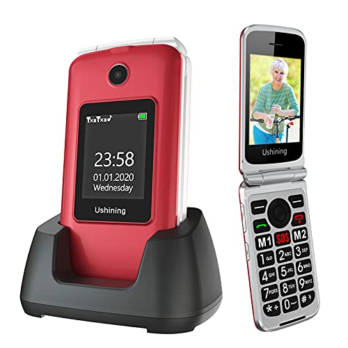 Ushining Senior Flip Phone Unlocked 3G SOS Big Button Unlocked T Mobile Flip Phone 2.8" LCD and Large Keypad Basic Cell Phone with Charging Cradle for Seniors & Kids(Red)