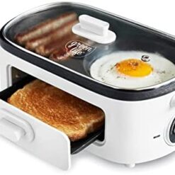GreenLife 3-in-1 Breakfast Maker Station, Healthy Ceramic Nonstick Dual Griddles for Eggs Meat and Pancakes, 2 Slice Toast Drawer, Easy-to-use Timer, White