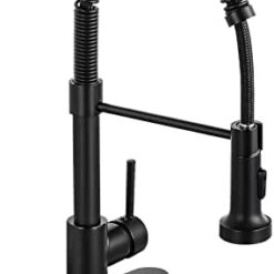 DJS Kitchen Faucets with Pull Down Sprayer, Faucet for Kitchen Sink, Brass Black Single Handle Single Lever High Arc Spring Faucet with Deck Plate for 1 or 3 Holes Sinks. (Matte Black)