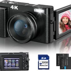4K Digital Camera for Photography and Video [Autofocus & Anti-Shake] 48MP Vlogging Camera with SD Card, 3'' 180° Flip Screen Compact Camera with Flash, 16X Digital Zoom Travel Camera (2 Batteries)