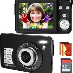 Digital Camera, Kids Camera for Teens Boys and Girls, 48MP 2.7K Digital Camera with 16X Digital Zoom, 32 GB SD Card and 2 Batteries Included (Black)