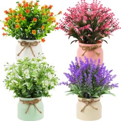 Fake Potted Plants - Set of 4 Artificial Potted Flowers Faux Plants Lavender in Macaron Pot Plastic Flowers Bonsai for Indoor Outdoor Home Kitchen Office Desktop Wedding Decor -(Medium,10.5 inch)