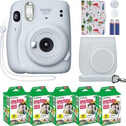 Fujifilm Instax Mini 11 Instant Camera Ice White + MiniMate Accessory Bundle & Compatible Custom Case + Fuji Instax Film Value Pack (50 Sheets) Flamingo Designer Photo Album