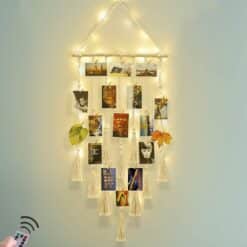 Hanging Photo Display Wall Decor, Macrame Wall Hanging Boho Room Bedroom Decor, Picture Frame Collage Board with Remote Light 30 Clips, Christmas Teenage Teen Girl Gifts Ages 10 11 12 13 14 Years Old