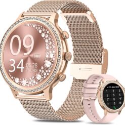 Smart Watches for Women with Diamonds (Answer/Make Call), 1.32'' Bluetooth Smartwatch for Android Phones, Fitness Tracker with Heart Rate, Blood Oxygen, Sleep Monitor, Blood Pressure, Best Gifts Gold